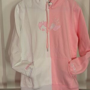 Pink and White Split Hoodie Sweater with Angel & Devil Embroidery